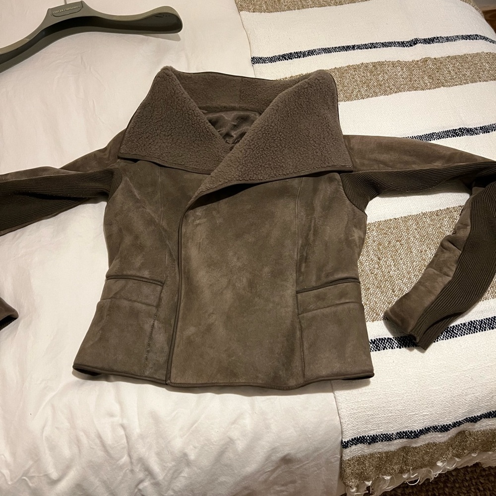 Rick Owens shearling lined suede moto jacket in Graze